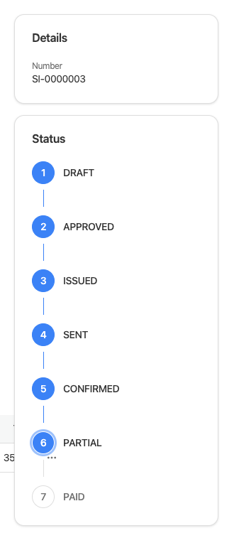The status rail of a sales invoice: draft, approved, issued, sent, confirmed, partially paid, paid