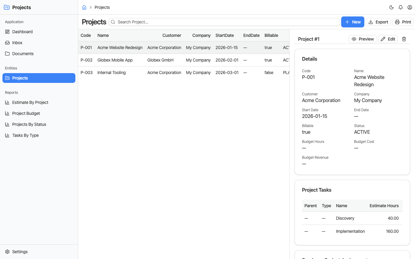 A project in BusinessIntents with its details, budget fields, and the list of project tasks with estimated hours