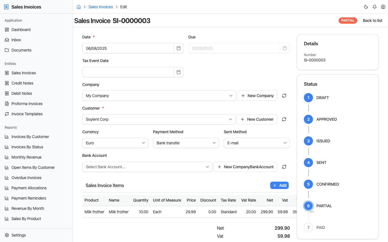 A sales invoice in BusinessIntents with its line items, totals, and the status rail from draft to paid