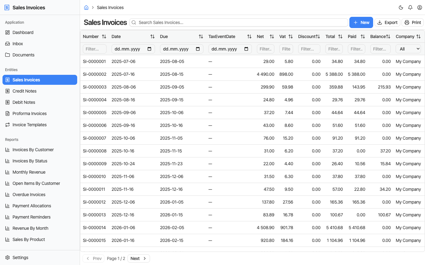 The BusinessIntents Sales Invoices list: number, dates, net, VAT, total, paid and balance per invoice, with filters, export and print